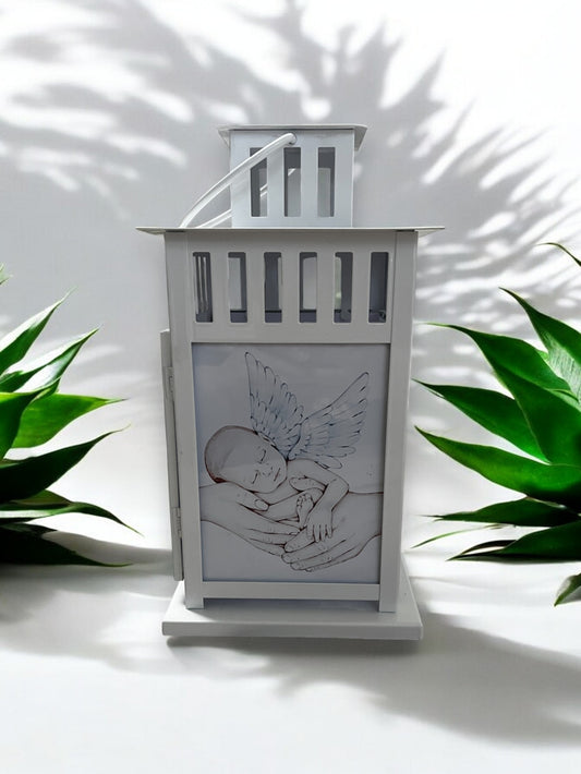 personalisierte Grablaterne mit Wunschtext - Motiv: Baby mit Engelsflügeln