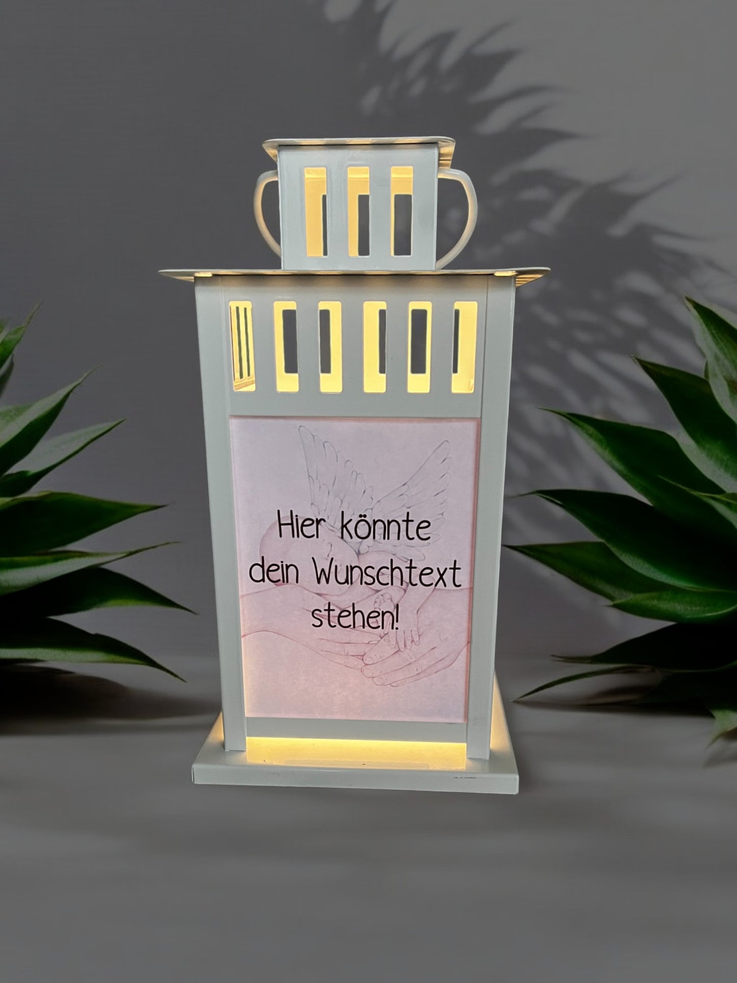 personalisierte Grablaterne mit Wunschtext - Motiv: Baby mit Engelsflügeln