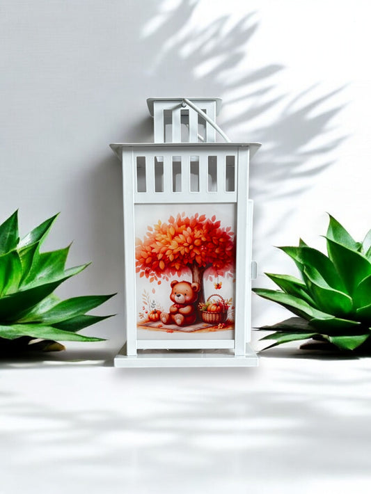 herbstliche, personalisierte Grablaterne mit Wunschtext - Bärenkollektion - Bär beim Picknick