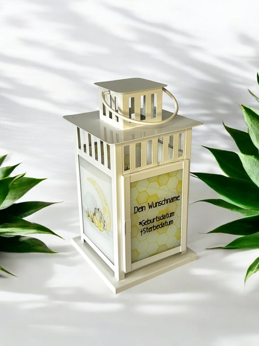 personalisierte Grablaterne mit Wunschtext - Motiv: Biene/Hummel