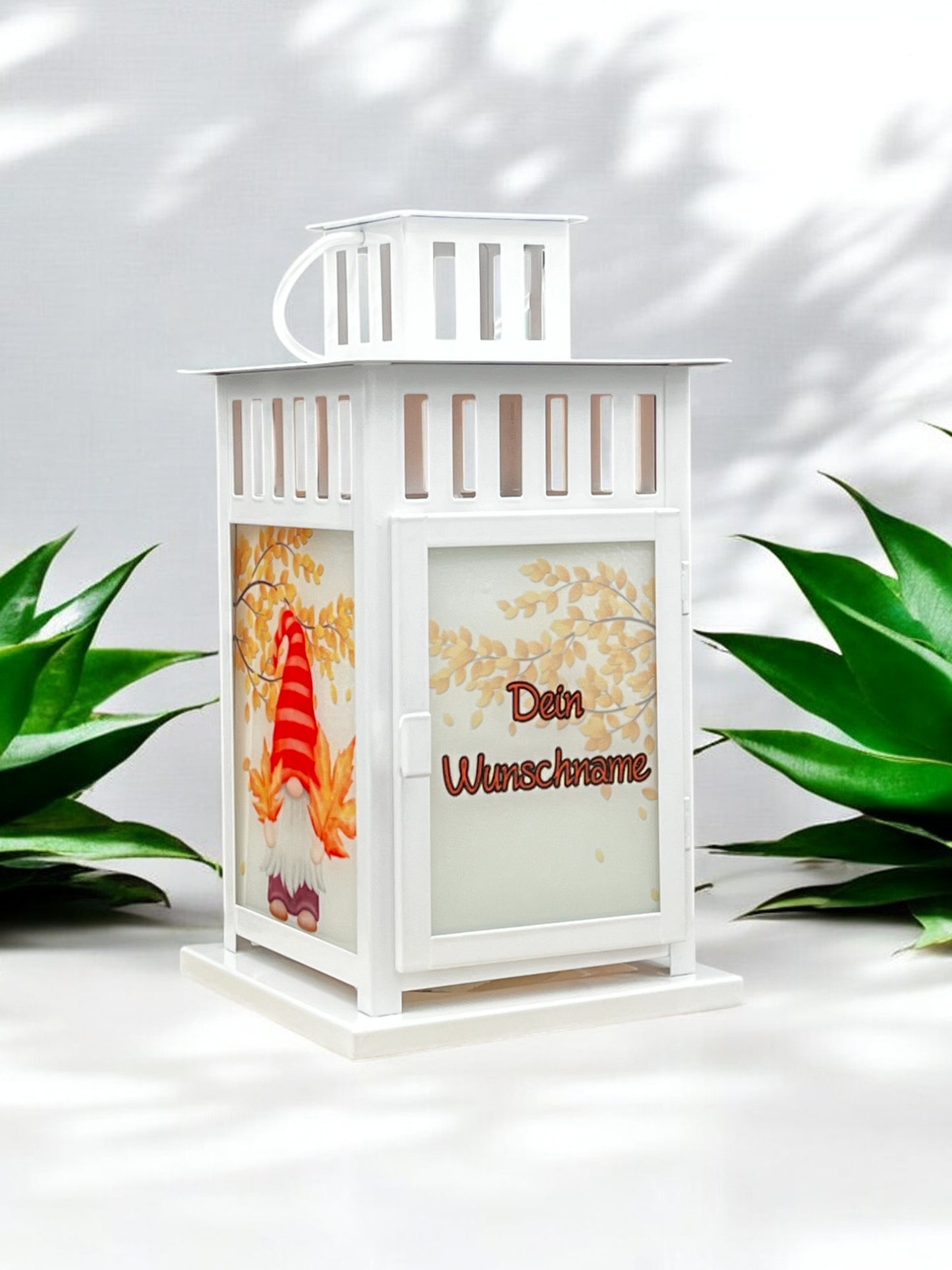herbstliche Grablaterne mit Wunschtext - Motiv: Gnom/Wichtel I