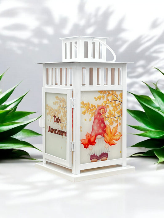 herbstliche Grablaterne mit Wunschtext - Motiv: Gnom/Wichtel