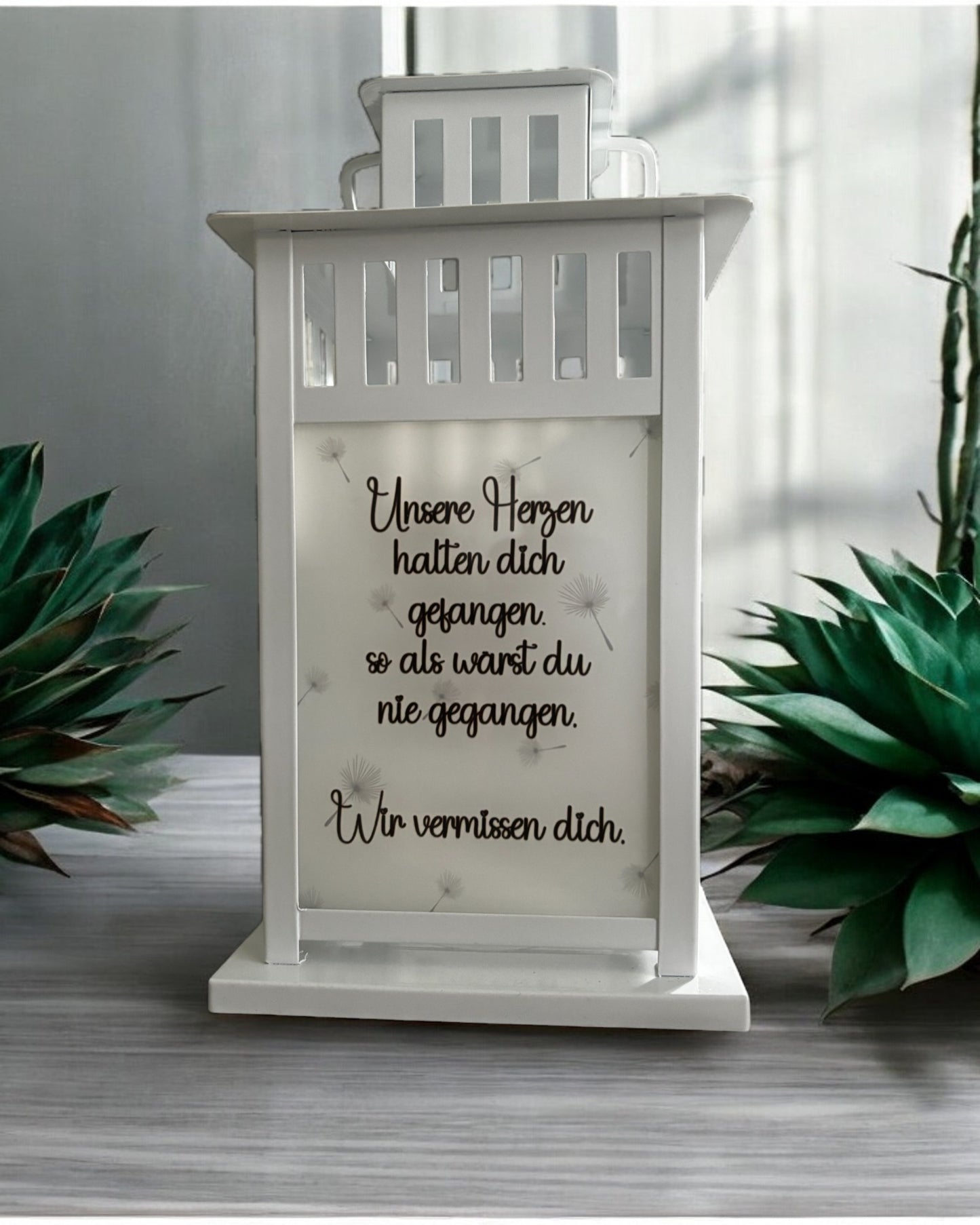 personalisierte Grablaterne mit Wunschtext - Motiv: Pusteblume