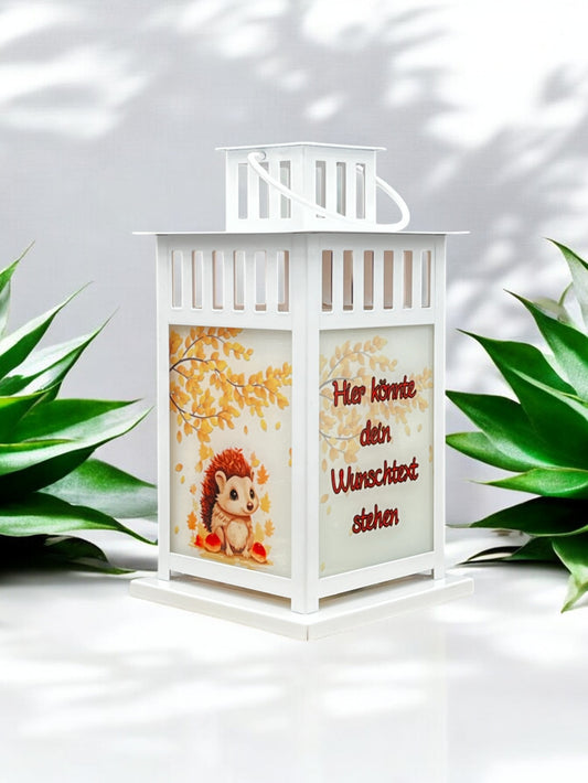 herbstliche Grablaterne mit Wunschtext - Motiv: Igel