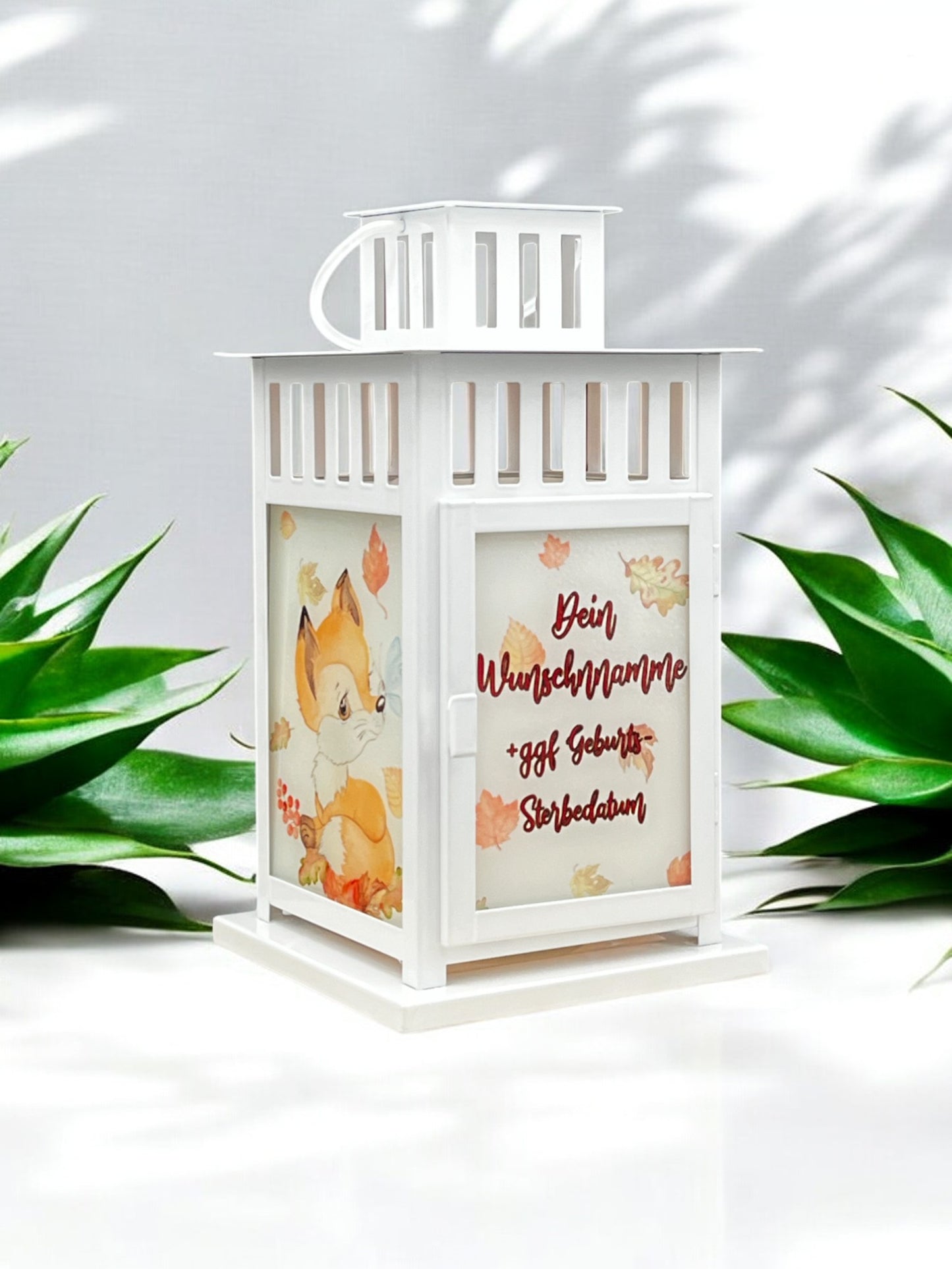 herbstliche Grablaterne mit Wunschtext - Motiv: Fuchs Fred
