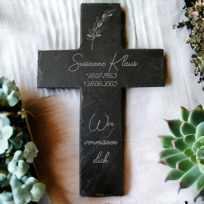 personalisiertes Grabkreuz mit Gravur - Motiv: Olivenzweig