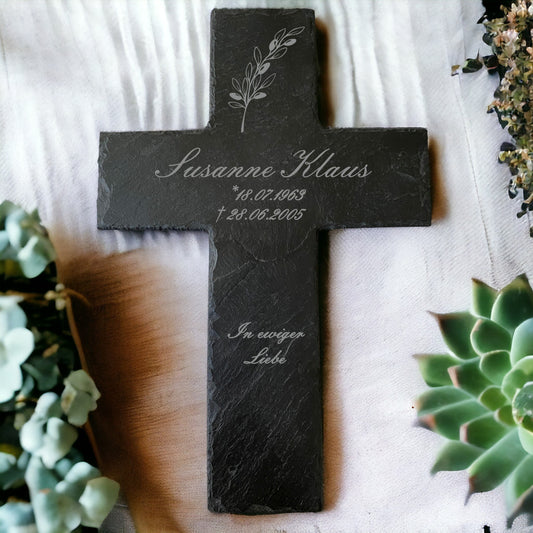 personalisiertes Grabkreuz mit Gravur - Motiv: Olivenzweig
