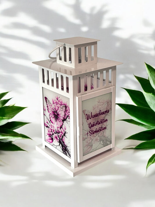 personalisierte Grablaterne - Motiv: Schmetterling mit Kirschblüten - Wunschtext