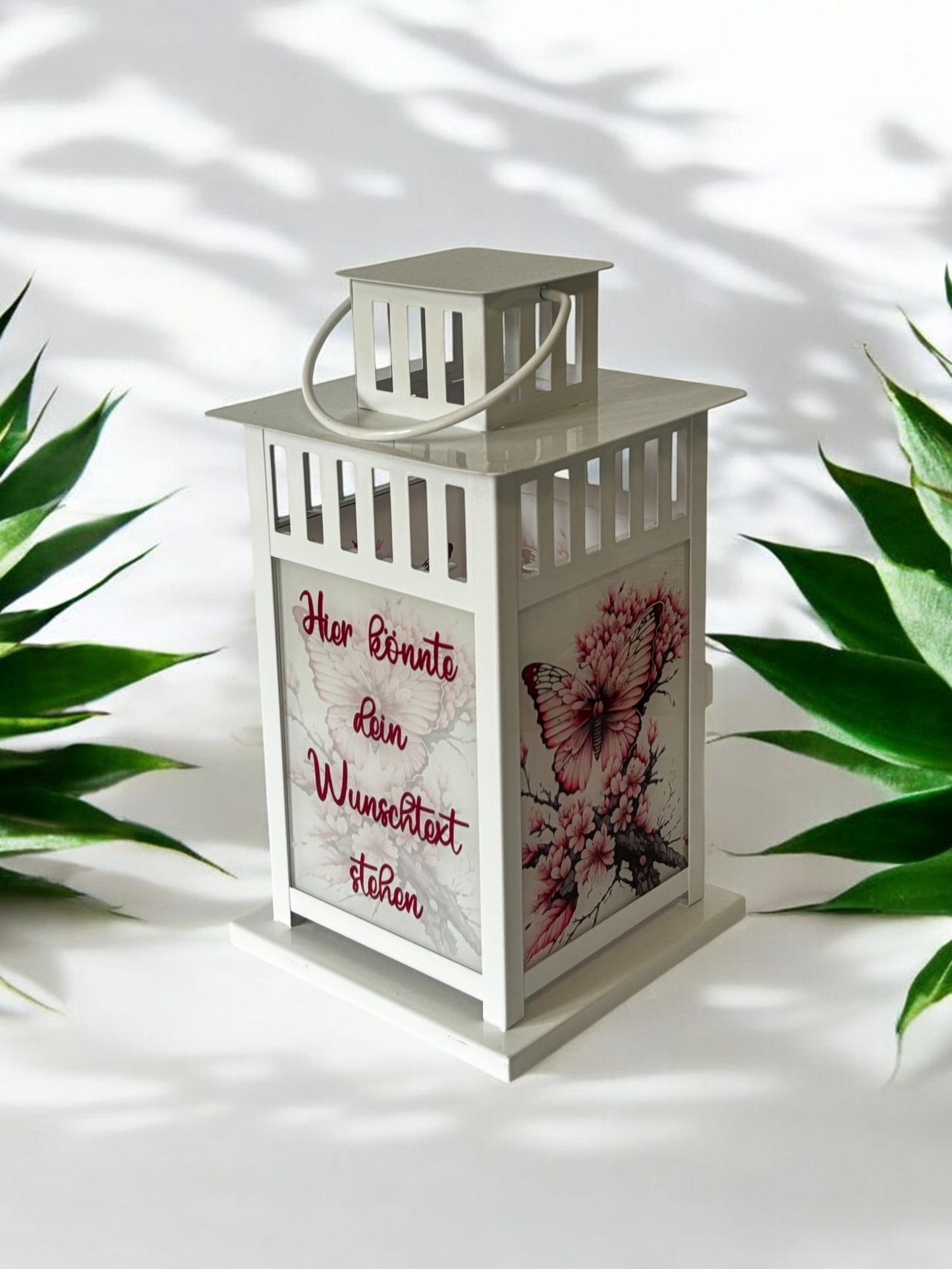 personalisierte Grablaterne - Motiv: Schmetterling mit Kirschblüten - Wunschtext