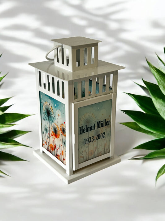personalisierte Grablaterne mit Wunschtext - Motiv: Pusteblumen