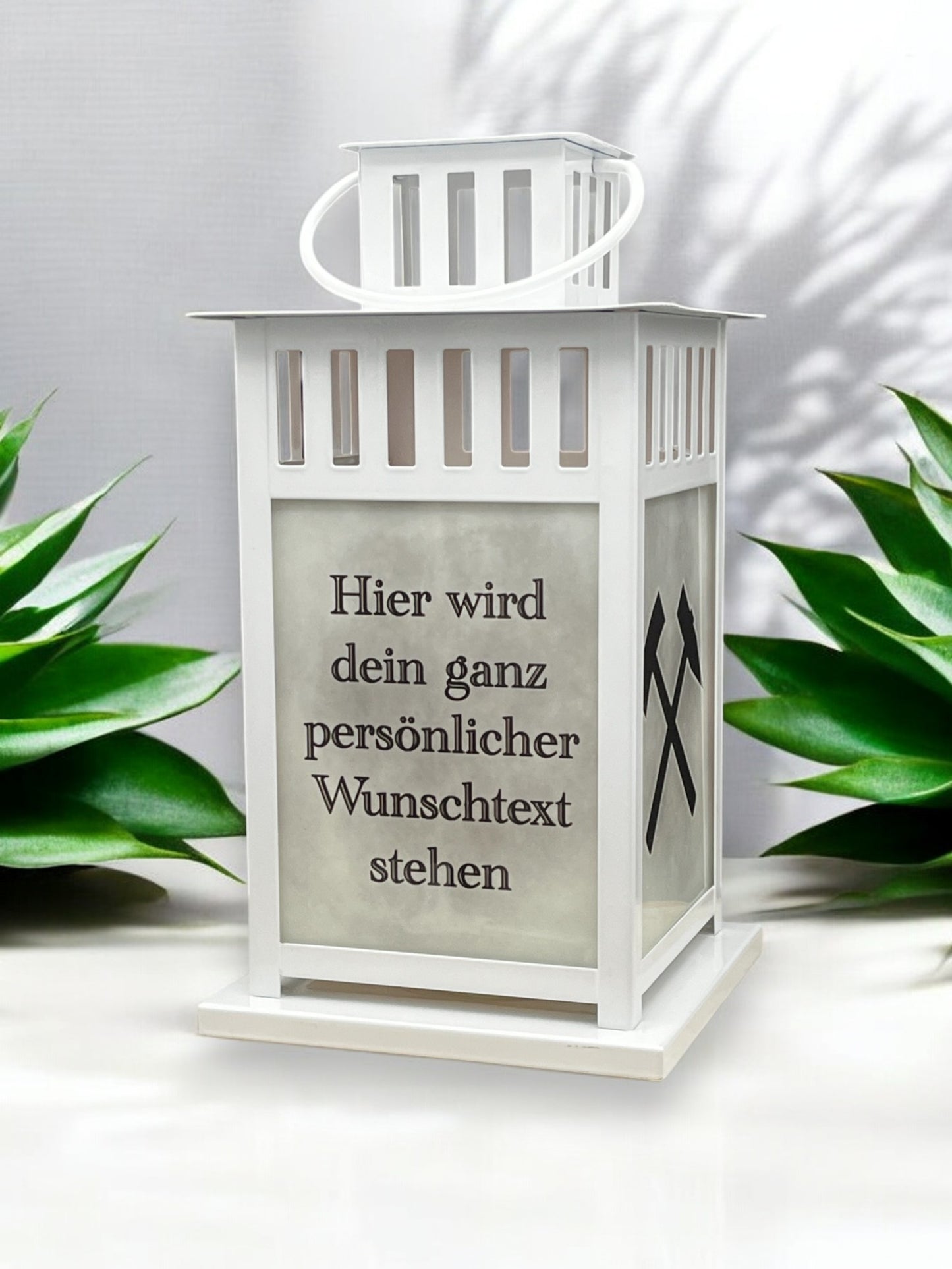 personalisierte Grablaterne - Motiv: Schlägel und Eisen - Wunschtext