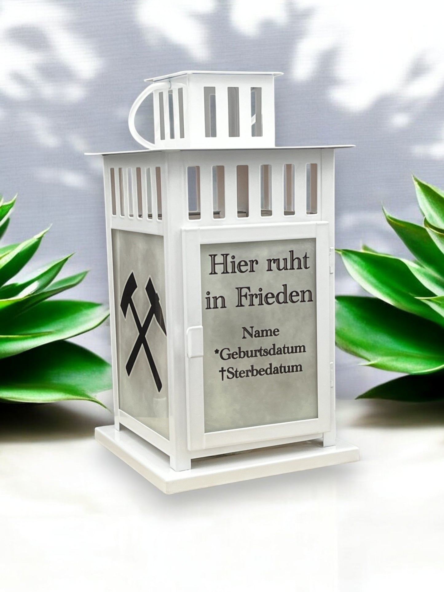 personalisierte Grablaterne - Motiv: Schlägel und Eisen - Wunschtext