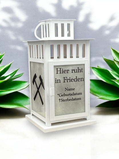 personalisierte Grablaterne - Motiv: Schlägel und Eisen - Wunschtext