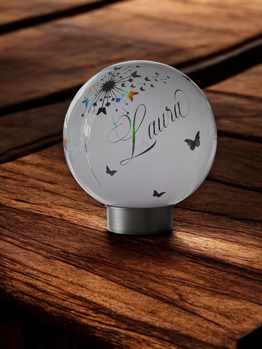 personalisierte Solarkugel - RGBW - Motiv: Pusteblume mit Schmetterlingen HOLOGRAMM