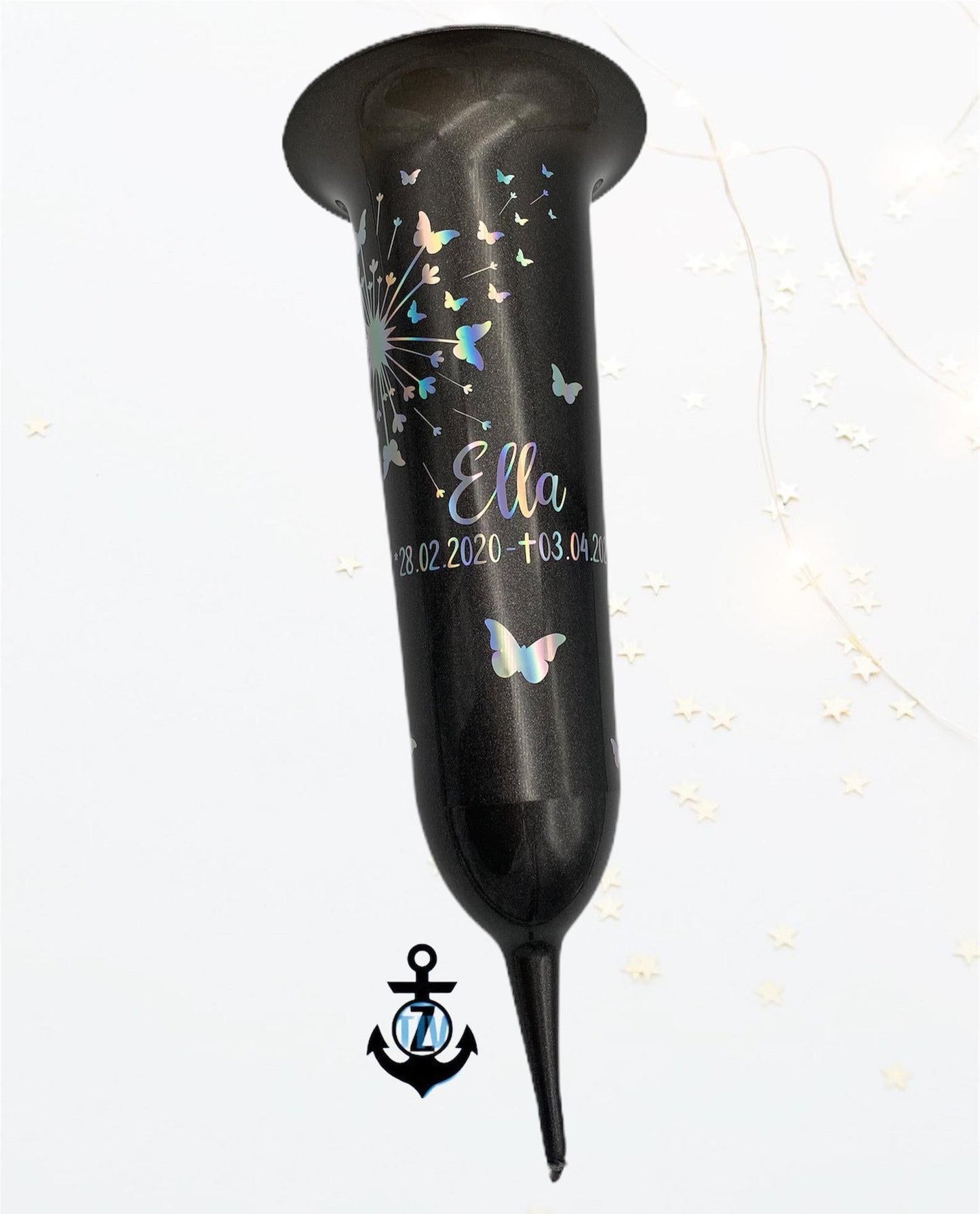 personalisierte Grabsteckvase -HOLOGRAMM- Motiv: Pusteblume mit Schmetterlingen - ZaraTiv -  -  - #original_alt_text# 