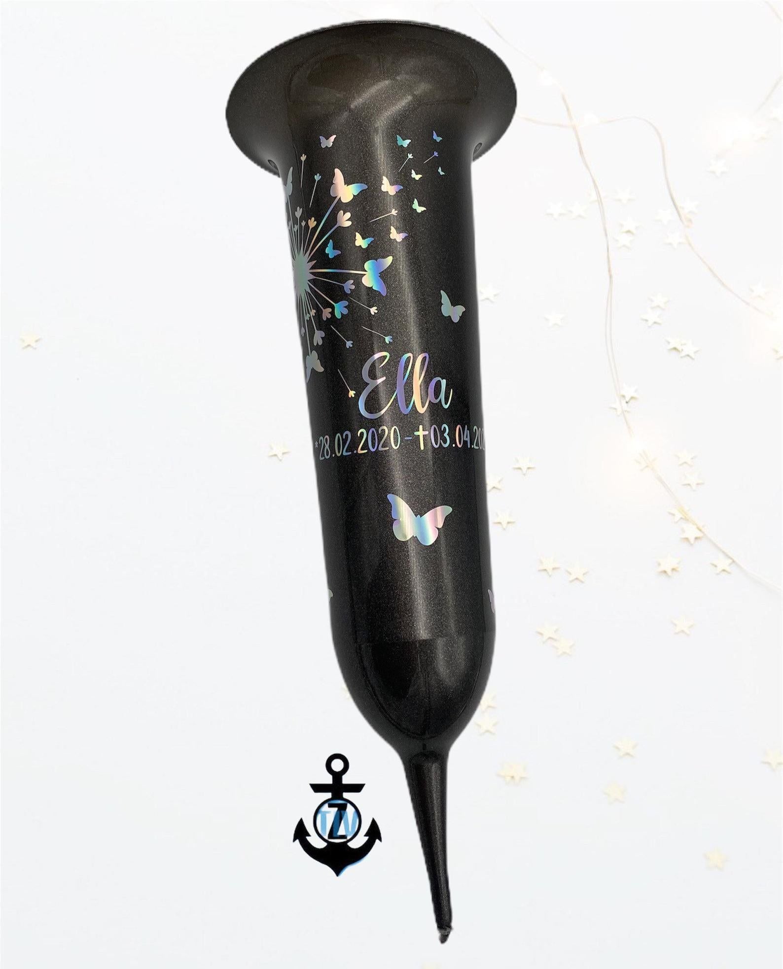 personalisierte Grabsteckvase -HOLOGRAMM- Motiv: Pusteblume mit Schmetterlingen - ZaraTiv -  -  - #original_alt_text# 