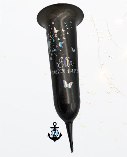 personalisierte Grabsteckvase -HOLOGRAMM- Motiv: Pusteblume mit Schmetterlingen - ZaraTiv -  -  - #original_alt_text# 