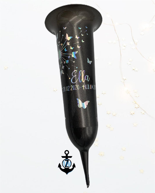 personalisierte Grabsteckvase -HOLOGRAMM- Motiv: Pusteblume mit Schmetterlingen - ZaraTiv -  -  - #original_alt_text# 