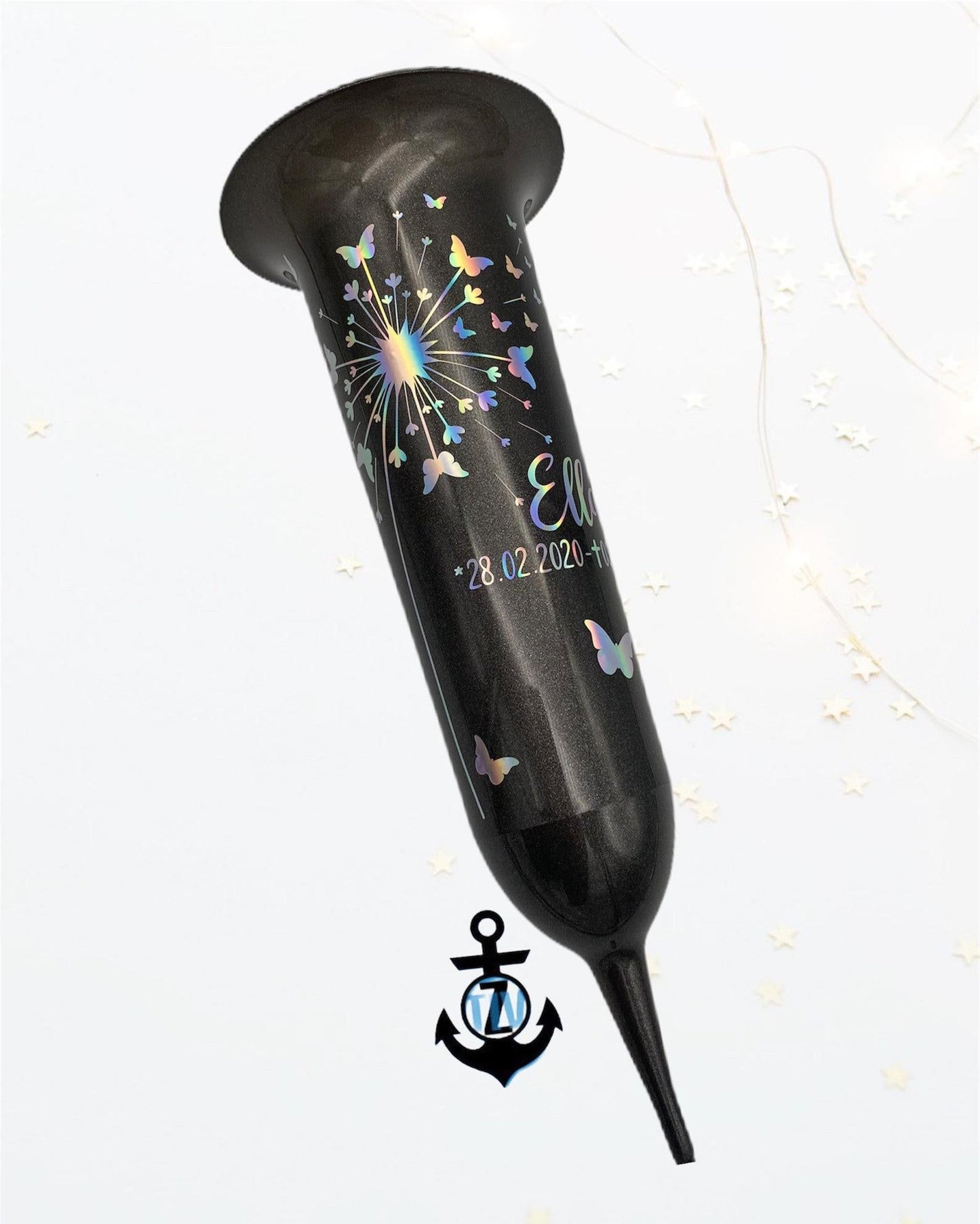 personalisierte Grabsteckvase -HOLOGRAMM- Motiv: Pusteblume mit Schmetterlingen - ZaraTiv -  -  - #original_alt_text# 