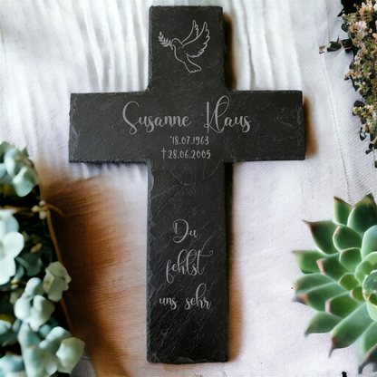 personalisiertes Grabkreuz mit Gravur - Motiv: Taube - ZaraTiv -  -  - #original_alt_text# 