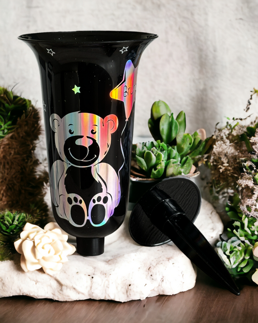 schwarze Grabvase mit abnehmbaren Erdspieß - Motiv: Bär mit Luftballon - HOLOGRAMM - ZaraTiv -  -  - #original_alt_text# 