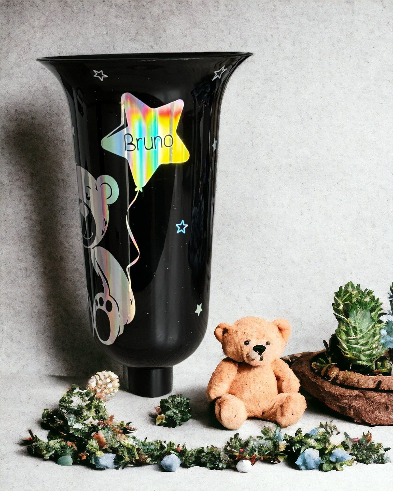 schwarze Grabvase mit abnehmbaren Erdspieß - Motiv: Bär mit Luftballon - HOLOGRAMM - ZaraTiv -  -  - #original_alt_text# 