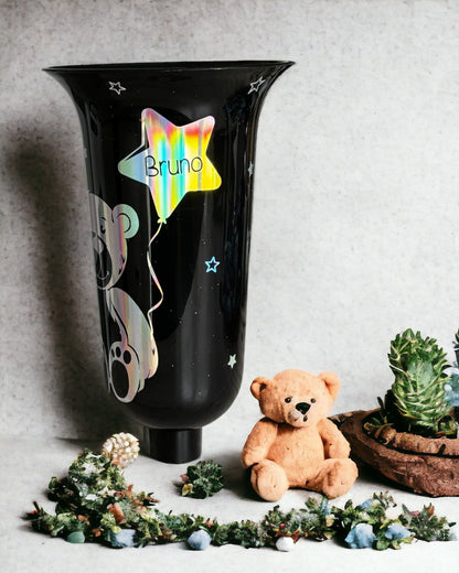 schwarze Grabvase mit abnehmbaren Erdspieß - Motiv: Bär mit Luftballon - HOLOGRAMM - ZaraTiv -  -  - #original_alt_text# 